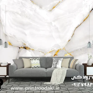 چاپ پوستر دیواری سنگ ماربل سفید طوسی با رگه های طلایی