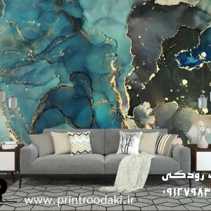 چاپ پوستر دیواری ماربل سبز آبی طلایی