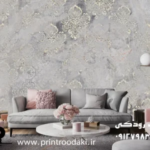 چاپ پوستر دیواری پتینه داماسک طلایی طوسی