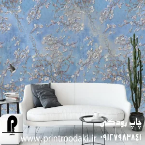 چاپ پوستر دیواری گل شاخه ای سفید و زمینه ابی