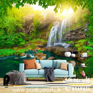 چاپ پوستر دیواری ابشار و کوهستان جنگلی