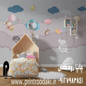 چاپ پوستر دیواری اتاق نوزاد و کودک فیل و بادکنک