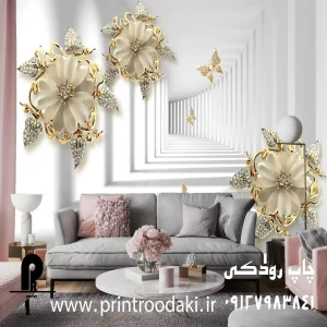 چاپ پوستر دیواری تونل سه بعدی و گل طلایی