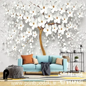 چاپ پوستر دیواری سه بعدی درخت سفید،طلایی