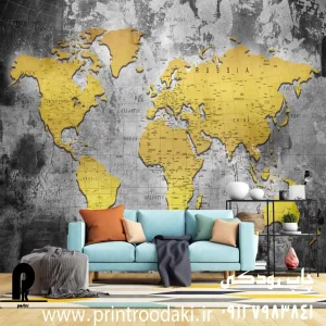 پوستر دیواری نقشه جهان پتینه طوسی و طلایی