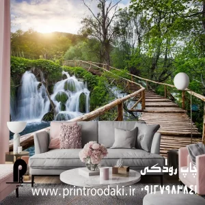 چاپ پوستر دیواری پل چوبی و آبشار زیبا