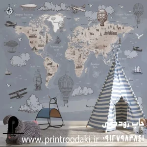 چاپ پوستر دیواری کودک نقشه جهان طوسی رنگ