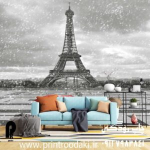 چاپ پوستر دیواری برج ایفل سیاه سفید و چتر قرمز