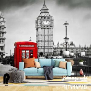 چاپ پوستر دیواری برج ساعت لندن و باجه تلفن قرمز
