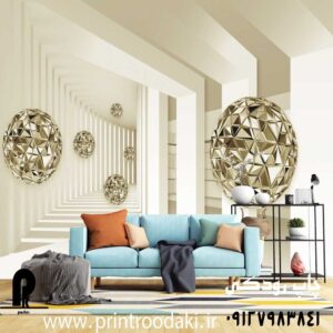 چاپ پوستر دیواری تونل سه بعدی با گوی های طلایی