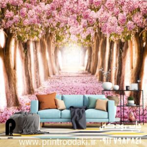 چاپ پوستر دیواری سه بعدی باغ با درختان صورتی