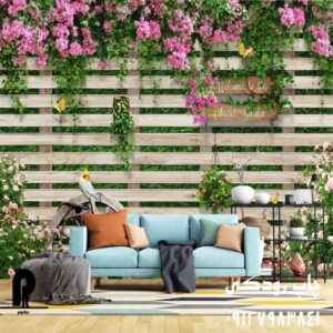 چاپ پوستر دیواری نرده چوبی با گل های رنگی و عروس هلندی