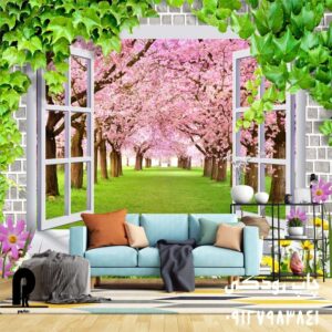 چاپ پوستر دیواری پنجره رو به باغ با درختان صورتی