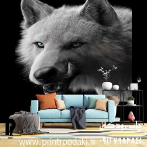 چاپ پوستر دیواری گرگ الفا سفید با چشمان ابی