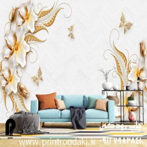 چاپ پوستر دیواری گل سه بعدی طلایی با زمینه سفید