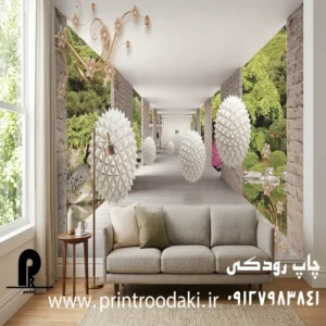 چاپ پوستر دیواری سه بعدی تونل طبیعت و گوی های سفید