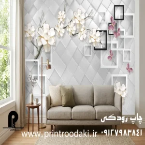 چاپ پوستر دیواری گل هلندی سه بعدی رنگ سفید با قاب های شلف