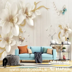 چاپ پوستر دیواری سه بعدی گل هلندی و زمینه چوبی