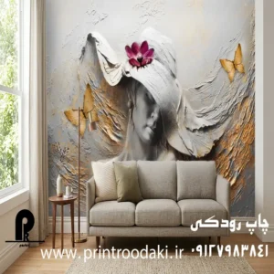چاپ پوستر دیواری مجسمه دختر کلاه کج با گل قرمز