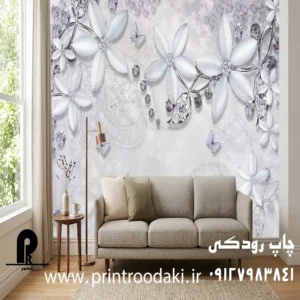 چاپ پوستر دیواری گل سه بعدی نگین دار ابی
