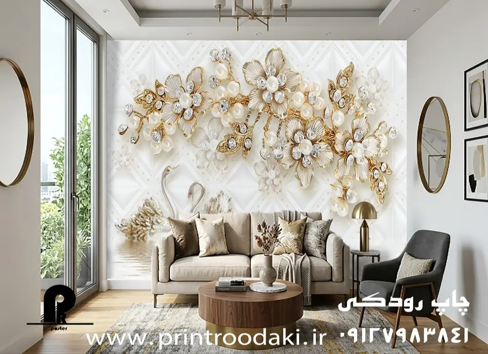 چاپ پوستر دیواری گل نگین دار سفید و دو قو