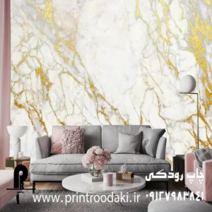 چاپ پوستر دیواری سنگ ماربل سفید با رگه های طلایی زیاد