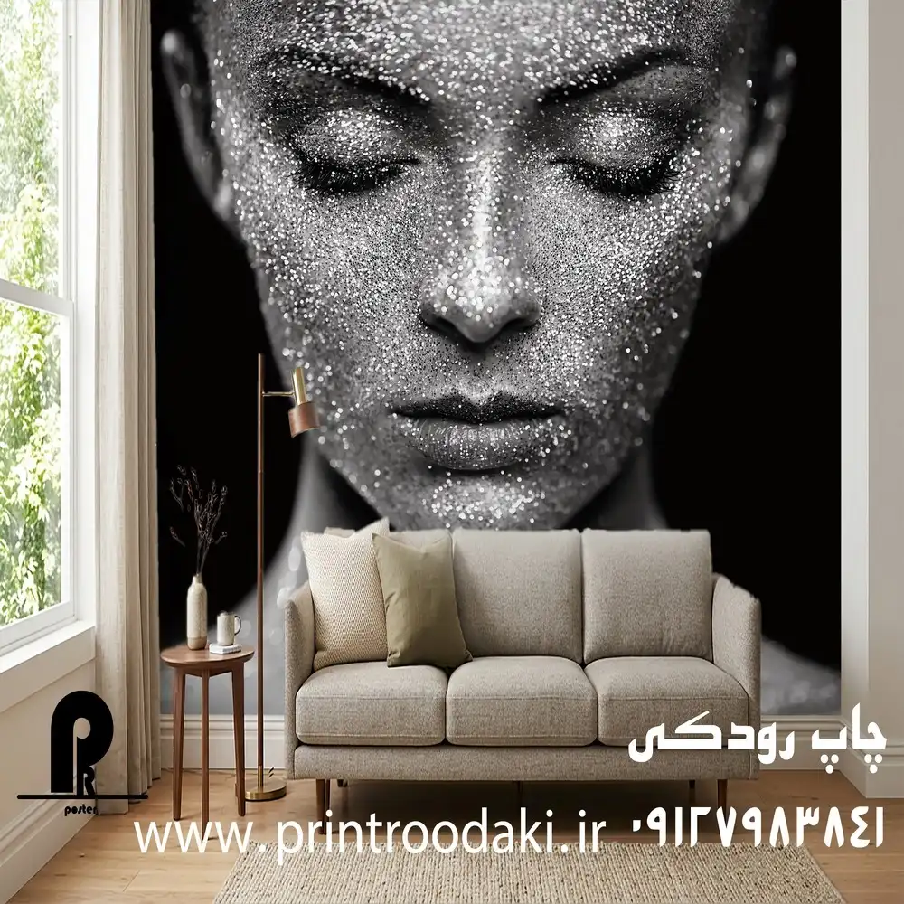 طرح پوستر دیواری پرتره چهره زن مشکی با اکلیل های نقره ای