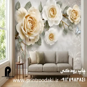 پوستر دیواری گل رز هلندی با زمینه پتیه طوسی
