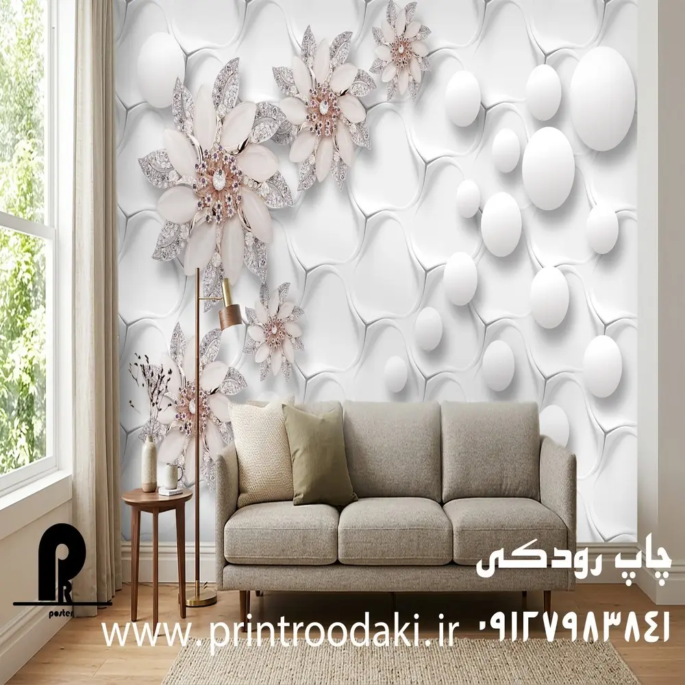 چاپ پوستردیواری سه بعدی گوی یهای سفید و گل های نگین دار